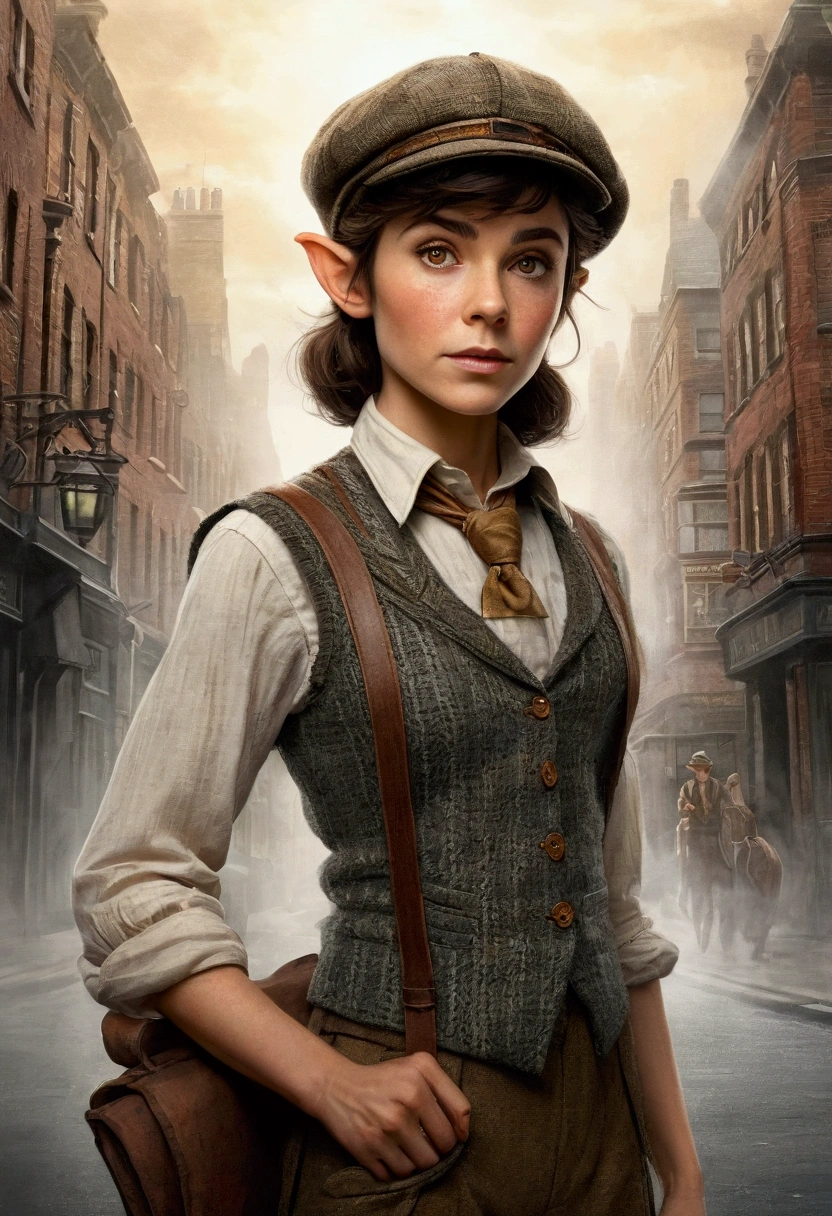 An illustrated movie poster, hand-drawn, full color, an elven maiden, wearing a tweed vest and a newsie cap, tall, toned, amazonian stature, athletic hourglass figure, long pointy elf ears, amber eyes, dark hair, shaggy bob cut, deep sun-tanned skintone, freckles, standing on a foggy Victorian-era street corner, graphite shading, stencil marks, airbrushed acrylic paint, masterpiece, in the style of Sherlock Holmes, elf ears