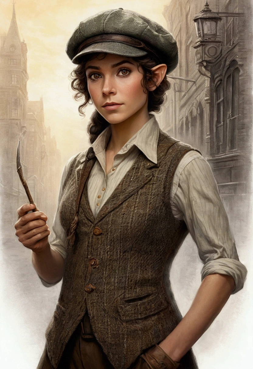 An illustrated movie poster, hand-drawn, full color, an elven maiden, wearing a tweed vest and a newsie cap, tall, toned, amazonian stature, athletic hourglass figure, long pointy elf ears, amber eyes, dark hair, shaggy bob cut, deep sun-tanned skintone, freckles, standing on a foggy Victorian-era street corner, graphite shading, stencil marks, airbrushed acrylic paint, masterpiece, in the style of Sherlock Holmes, elf ears