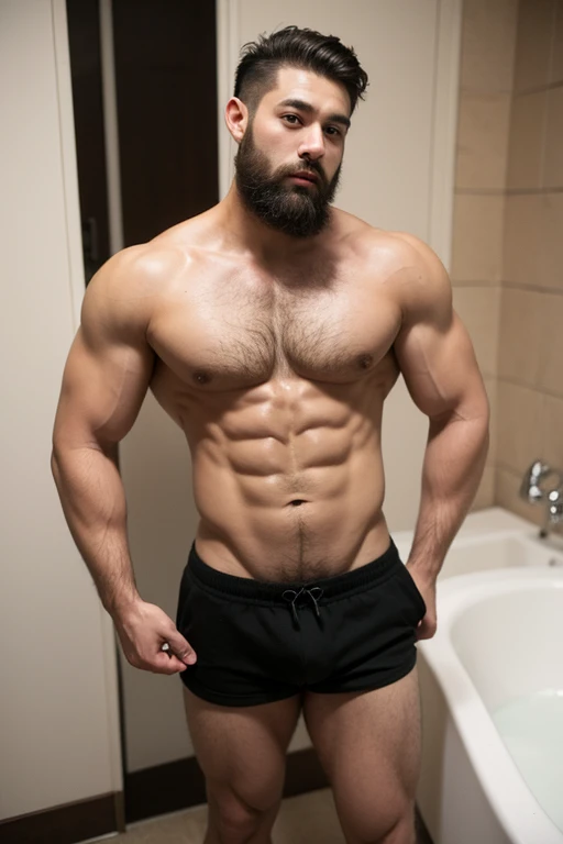 ((best quality)), ((masterpiece)), (detailed), perfect big detailed hairy plump muscle man in bath , beard, dark skin color, skinhead, Japanese men,  In black boxer and short hair, full body 