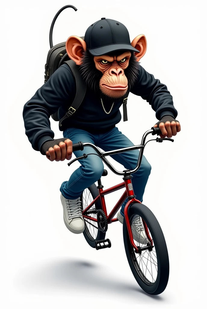 Illustration of a monkey in rapper attire with a backpack, riding a BMX bike, angry expression, with white tennis shoes, black sweatshirt, black cap, denim pants, on white background
