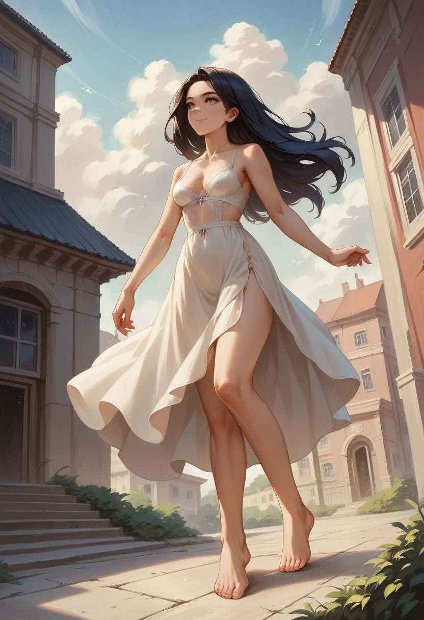 ((masterpiece)),(((bestquality))),((ultra-detailed)),1girl, solo, barefoot, standing, building, smile, floating hair, dutch angle, closed mouth, looking away, outdoors, lingerie