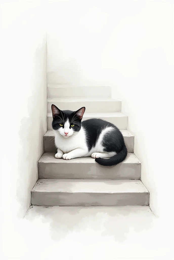 Watercolor painting with white spaces and undefined outlines : black and white cat lying on a stair step