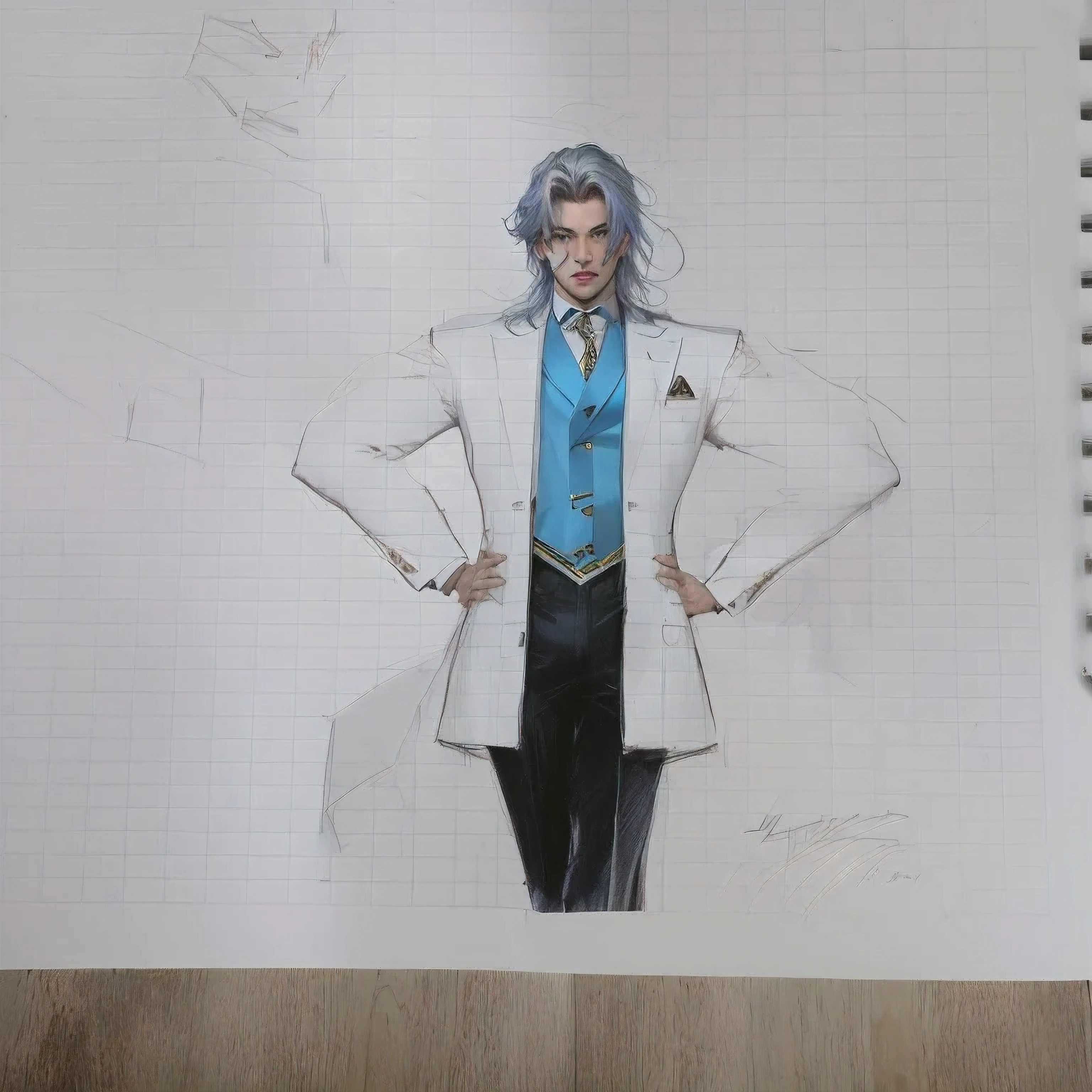 drawing of a man in a suit and tie with a tie on, costume with blue accents, clear outfit design, full body with costume, official concept art, full body character, ( ( character concept art ) ), full body concept, full body portrait of a short!, concept art!!, new costume concept design, cel shaded!!!, inspired by Michalis Oikonomou con una pose imponente y un aura como la del ultra instinto y enojado