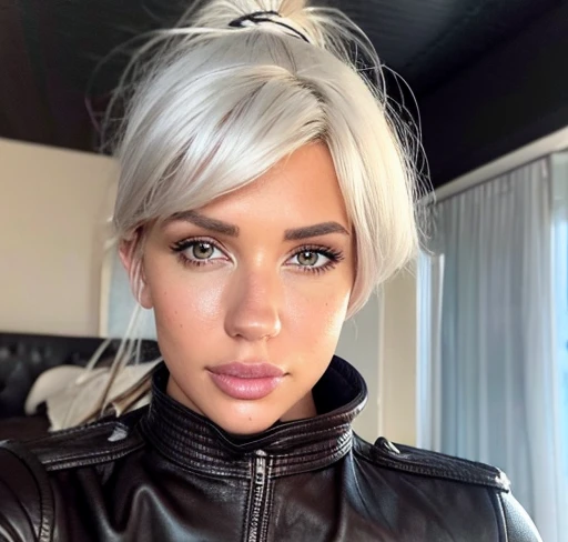 8k portrait of a girl, AlanahPearce, white hair, brown eyes, high ponytail, big natural breasts, 
, ((leather jacket))
, (masterpiece: 1.4), extremely detailed skin,, (looking at viewer), (upper body:0.8), (close-up:0.8), (photorealistic:1.2)
, beautiful detailed eyes, sharp focus, glowing eyes, detailed 4k eyes, dark bedroom background,  dark theme, night, advntr, bedroom
,