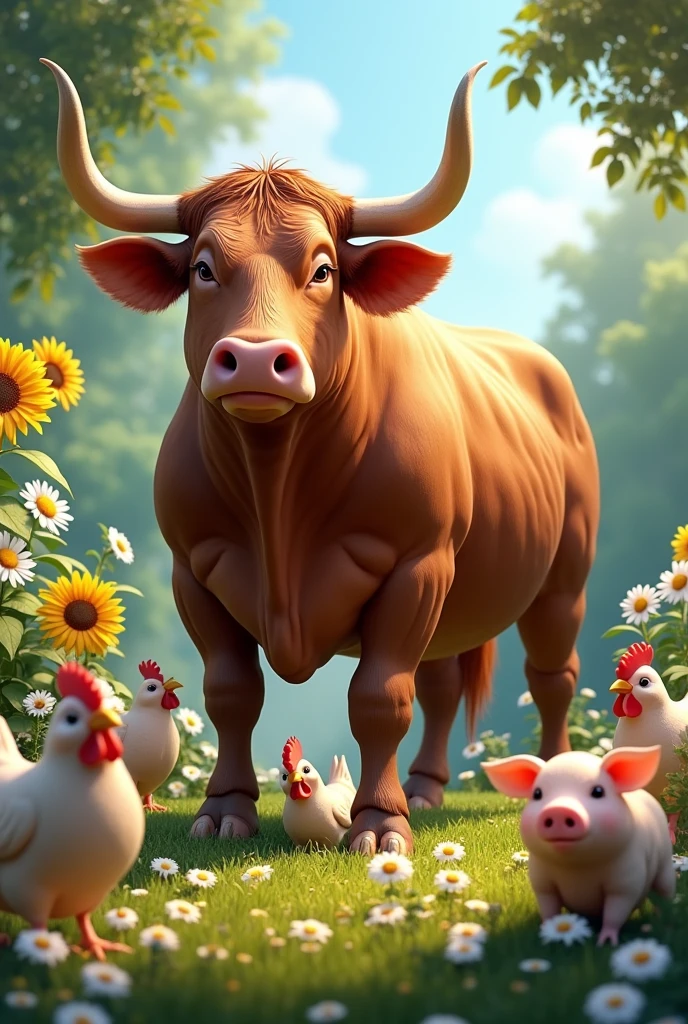 Realistic imposing cow with pigs chickens in garden with daisies and sunflowers