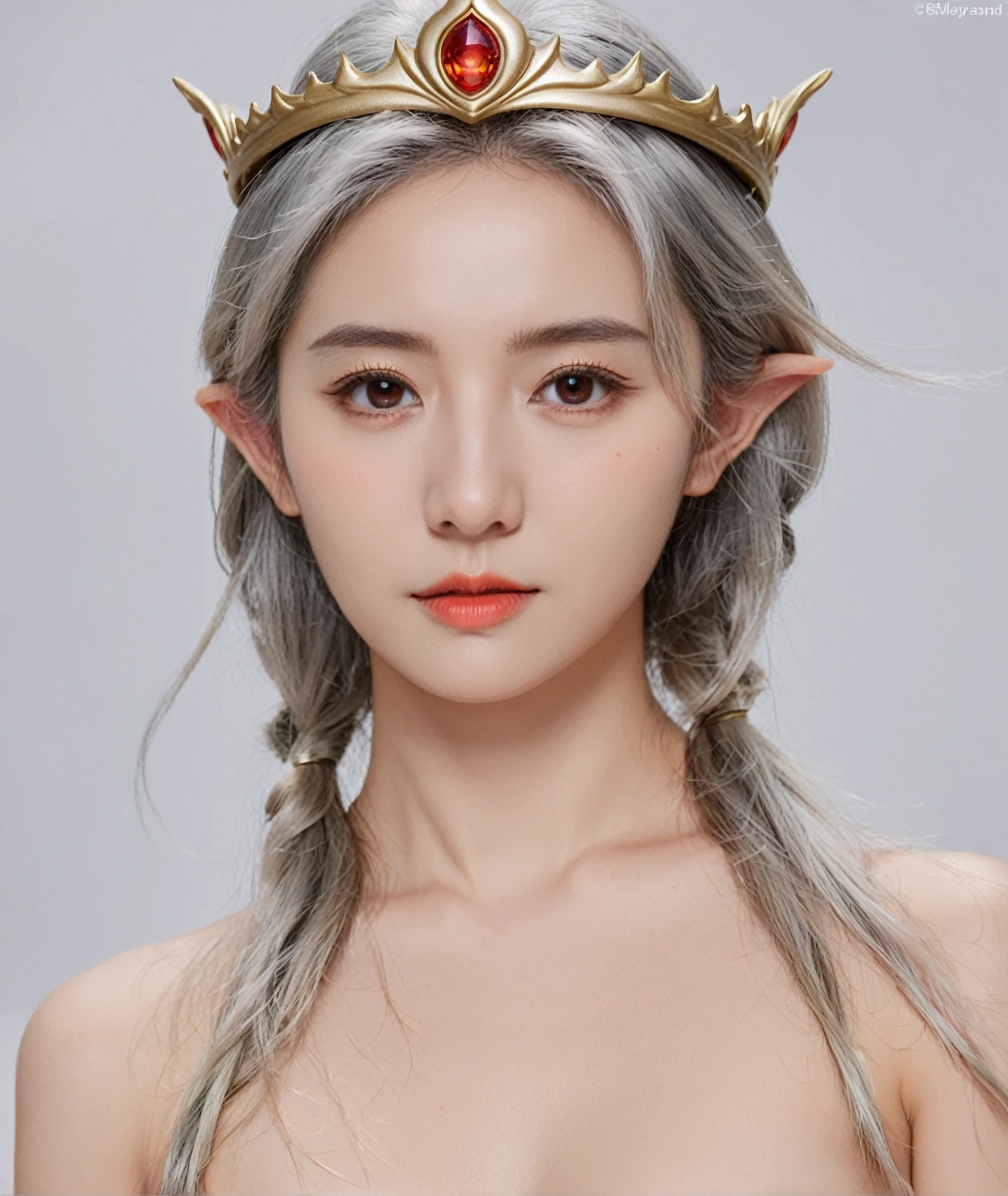 masterpiece,1girl, silver hair,brontarand,solo,looking at viewer, cowboy shot,simple background,red eyes, elf, crown, ponytail, naked, pussy, cum