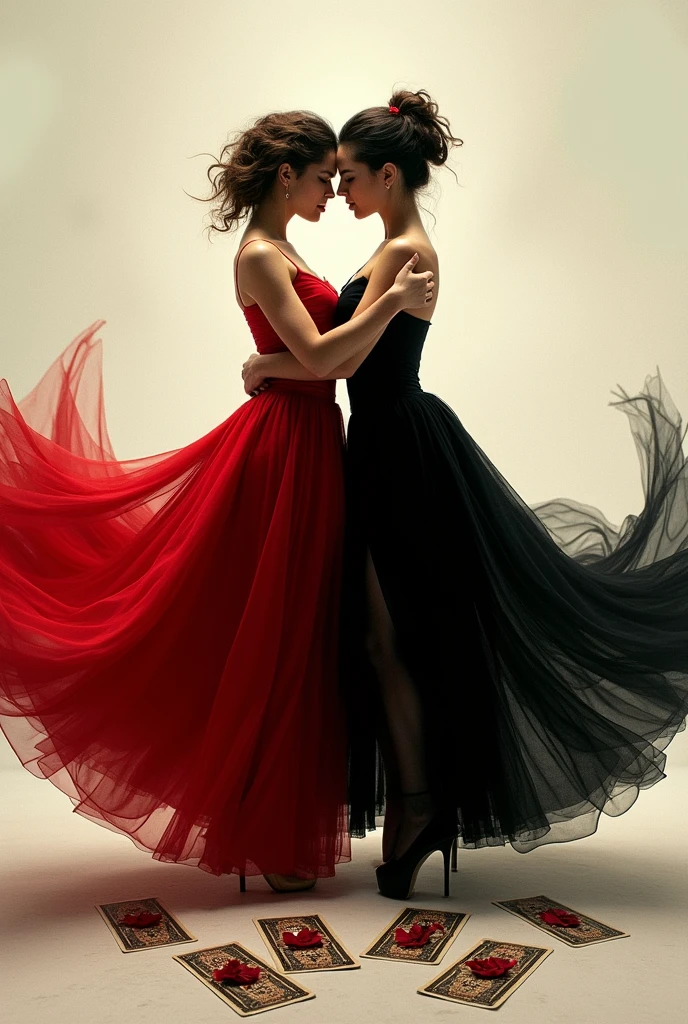 Make me an ideal poster to promote CARMEN., a ballet and contemporary dance performance, something very passionate, that she sells and that another woman in black appears with CARMEN.
Let it be more ballet-like and let the 2 women come out, like a mirror,ballet good, more mirror, with distance between them, with tarot cards
