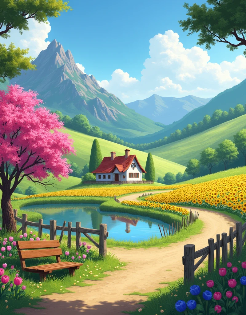 Landscape with mountain blue sky green lawn, dirt road with fences trees pond, a wooden bench and swing, pink ipê tree, sunflower field tulips, red roses and pinks colorful and white flowers simple little house in the background with area