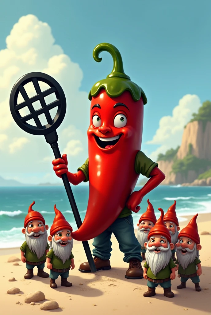 Logo of a group of detectorist friends called Los Pikantes . It could be a chili pepper with a metal detector, But I leave it to your discretion. .
It can be a little more realistic? The detector should be all black I would like it to be surrounded by real dwarves ( people ) in a beach 