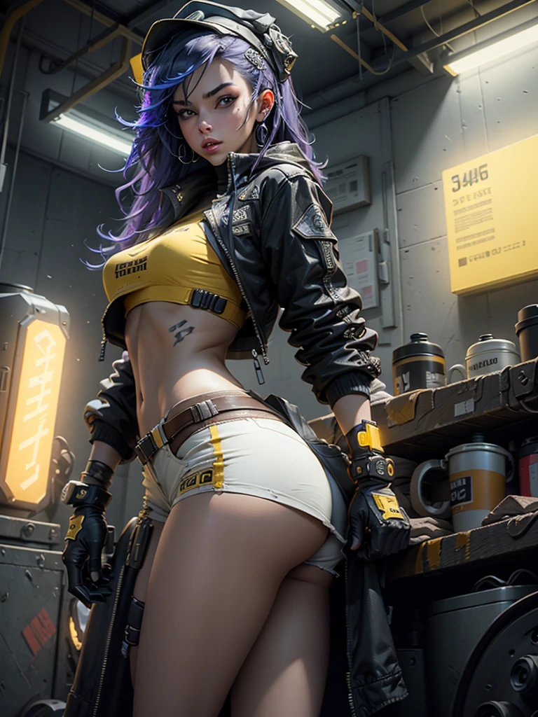 unreal-engine:1.4,Ultra-realistic 64K CG, Fotorrealista:1.4, Skin texture:1.4, tmasterpiece:1.4,cyber punk style,Beautiful woman in hat,cowboys,long whitr hair、Yellow cyberpunk-style shorts, Red pantyhose , The miniskirt is blue,