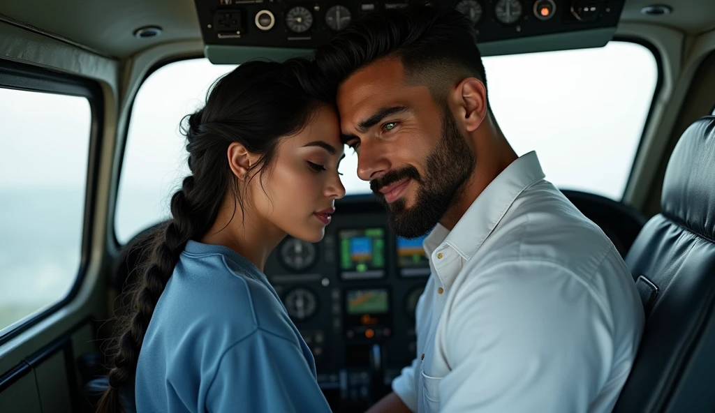 (photorealism: 1.2), hot brazilian sexy girl in sexy dynamic pose. raw portrait photography, hyper realistic and detailed face, complex and realistic skin texture, hot body, athletic body, smiling, long black hair with braid, dressed with long blue sweatshirt, with handsome tanned guy, Brazilian, beard and beautiful smile, green eyes, black hair, white pilot shirt in the cockpit airbus