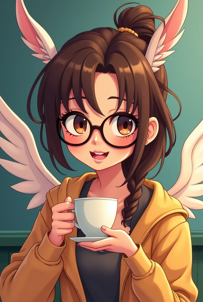 Imagine an avatar of a cartoon-style girl, medium dark brown hair, dark brown eyes, that I wore glasses, that has wings, that is drinking coffee and is smiling, that she is a cool girl and that she has something amazing deep down