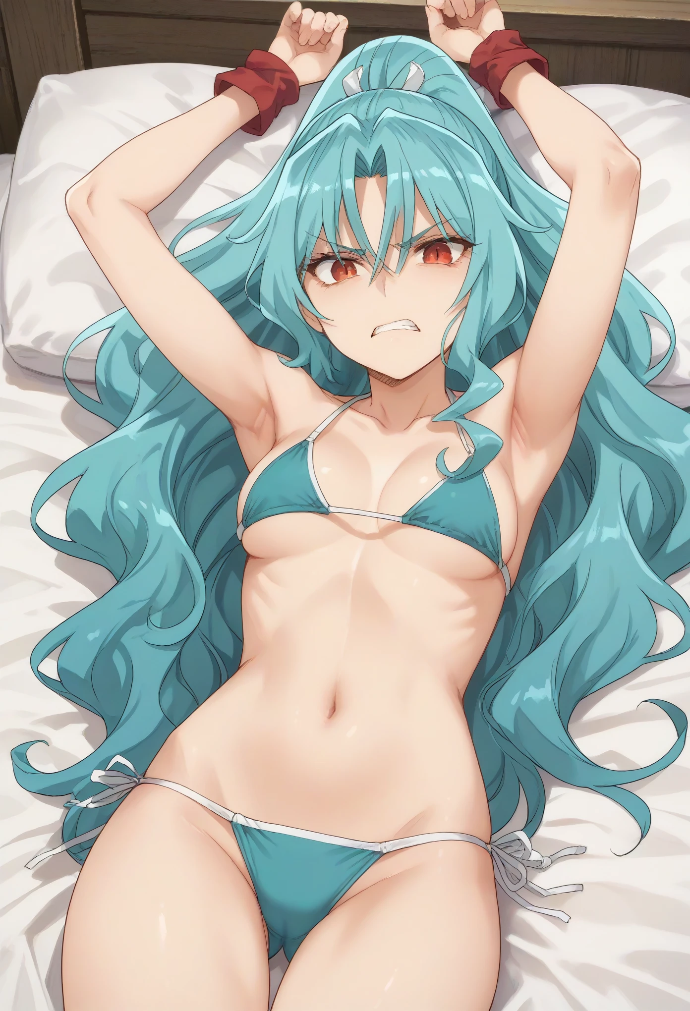 long hair aqua hair ponytail red eyes,slit pupils,((bikini)),disgust,looking disgusted,tied wrist,arms up,on the bed