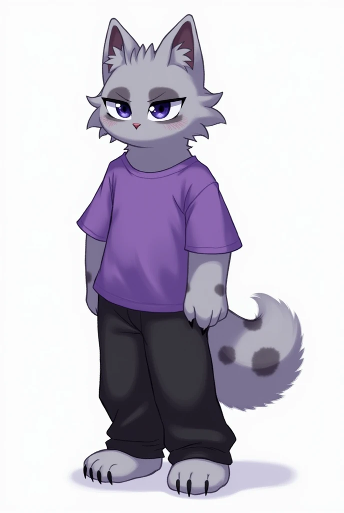 werecat, fluffy_cat, Lop-eared cat, boy, BLUE, purple eyes, dark BLUE spots on the body, fluffy короткий хвост, dog ears, purple short sleeve shirt, black long pants, Long claws, serious, full height, One, animal ears, fluffy,