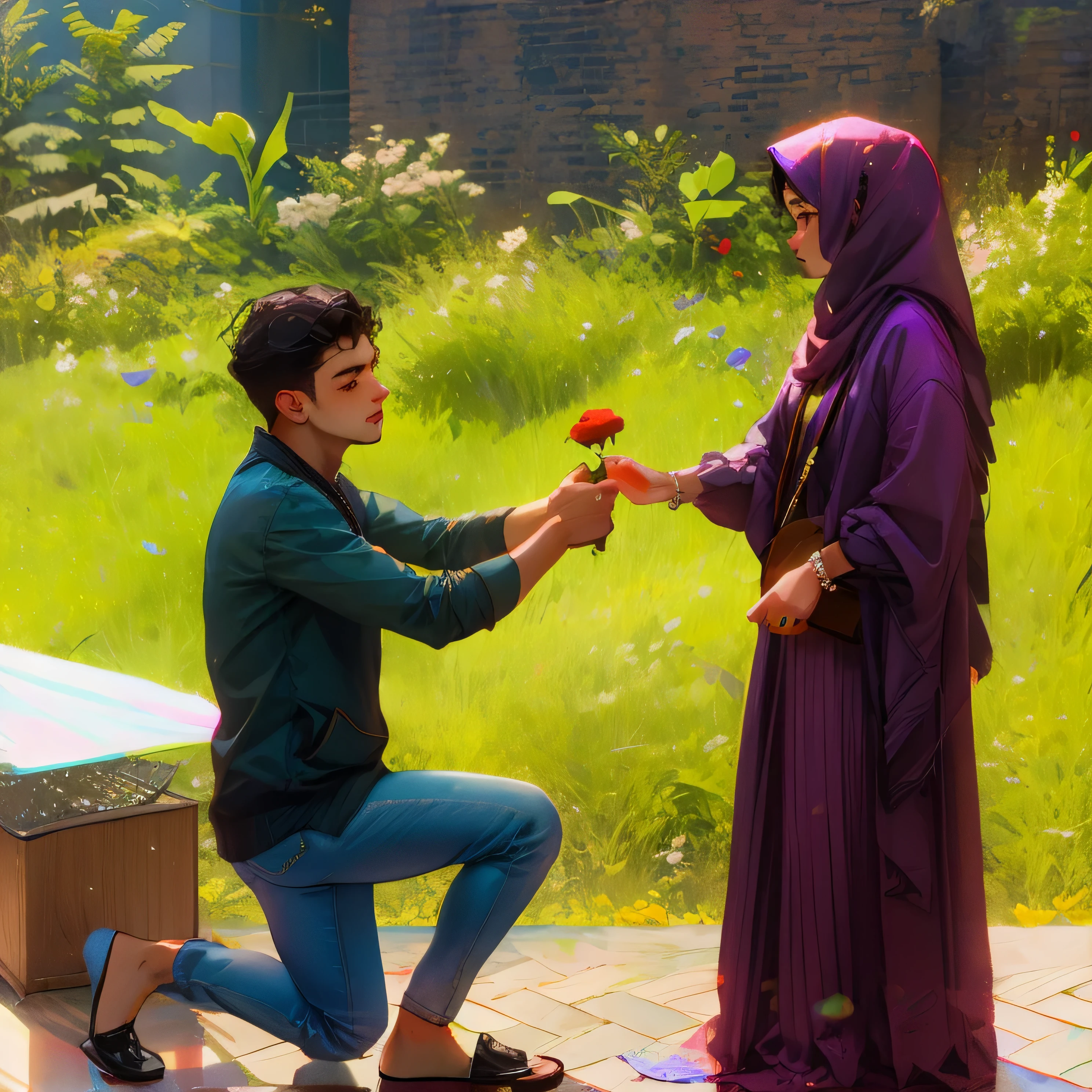 araffe man kneeling down to give a woman a flower, man proposing his girlfriend, amad, picking up a flower, competition winning, in a scenic background, thought provoking, taken with sony alpha 9, post, by Dan Content, 👁🌹👾, holding a rose, riyahd cassiem, dramatic momentHD, (Best Detail), (Best Quality), colorful,