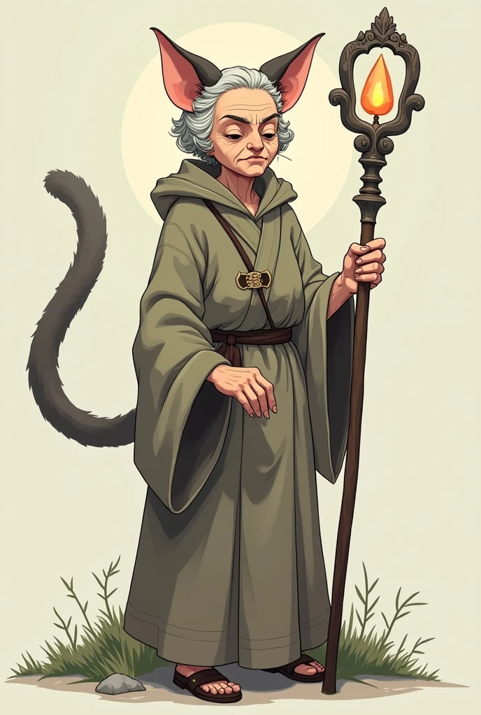An elderly woman with cat ears and a cat tail, staff in hand, in old clothes, Art, anime