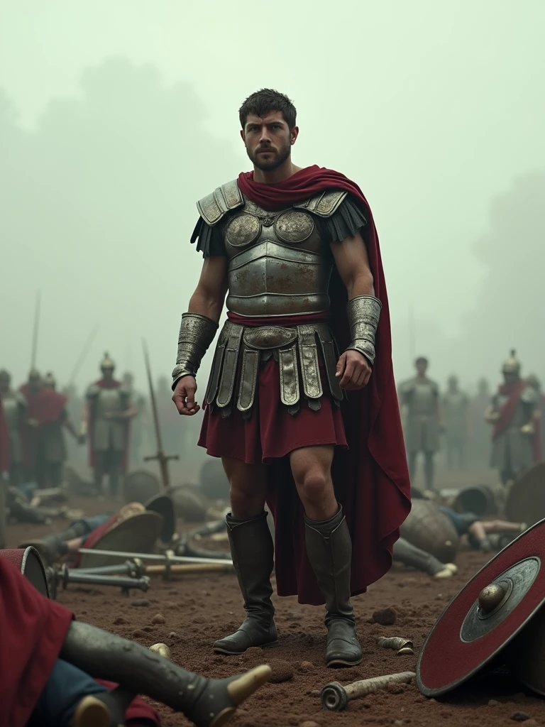 Julius Caesar, standing victoriously over a battlefield strewn with fallen warriors, with a determined look, ancient Roman era, in Roman general’s armor, on a fog-covered battlefield, Caesar surveying the defeated Gallic warriors, the battlefield littered with weapons and shields, wide shot, hyper-realistic, photo realism, cinematography -- ar 9:16
