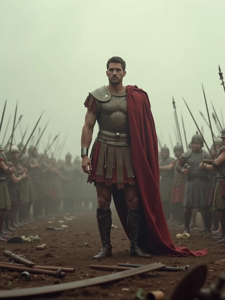 Julius Caesar, standing victoriously over a battlefield strewn with fallen warriors, with a determined look, ancient Roman era, in Roman general’s armor, on a fog-covered battlefield, Caesar surveying the defeated Gallic warriors, the battlefield littered with weapons and shields, wide shot, hyper-realistic, photo realism, cinematography -- ar 9:16
