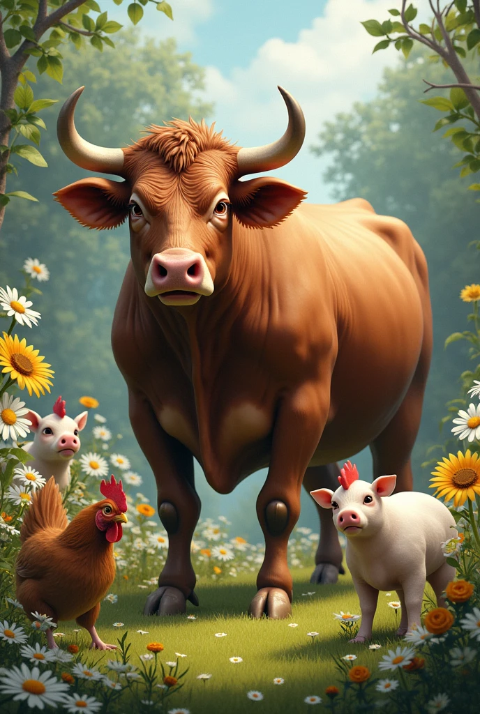 Realistic imposing cow with pigs chickens in garden with daisies and sunflowers