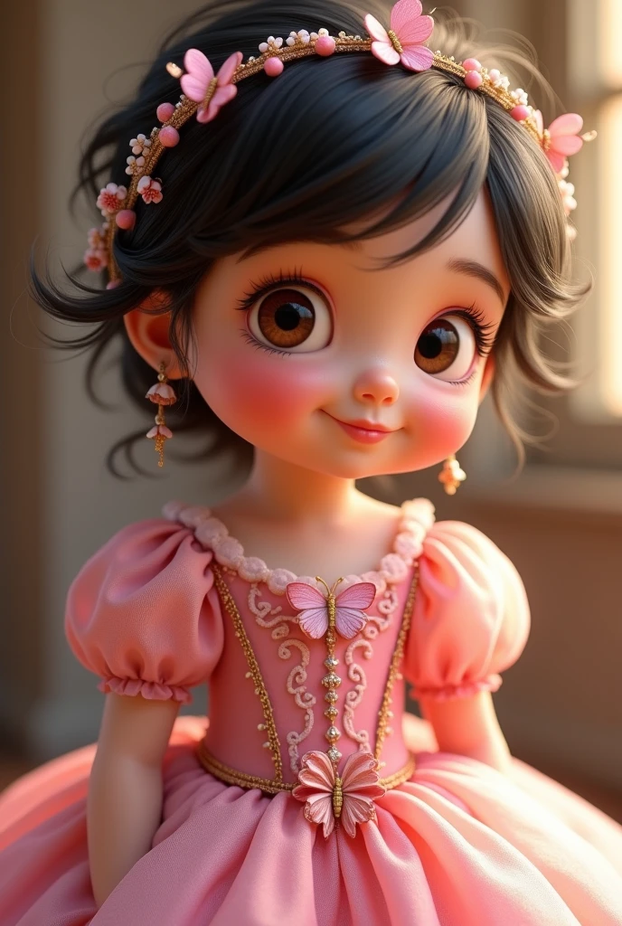 Brown eyed baby, dark baby hair, skin fair, wearing pink princess dress with butterfly details, Pixar-style, sweetie