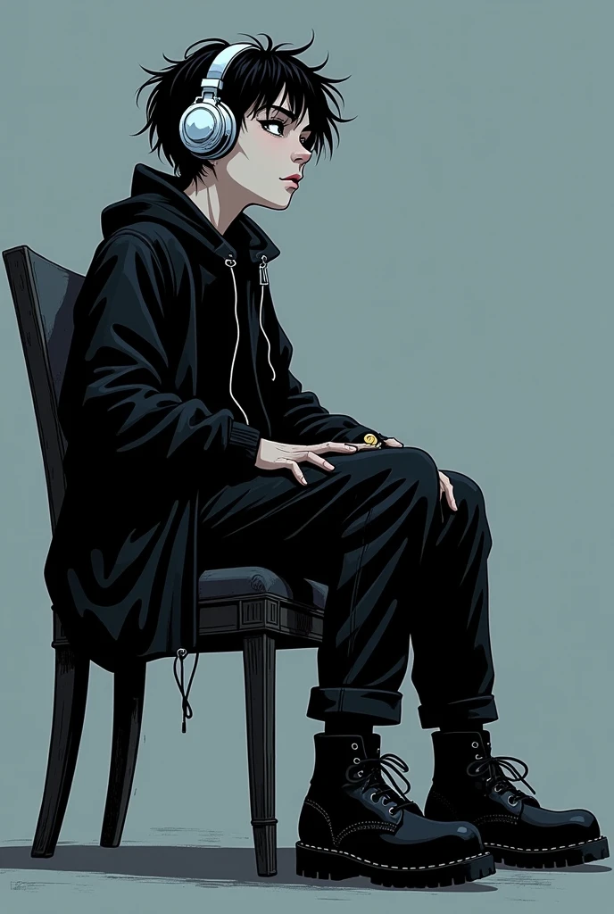 A gothic boy illustrated in a comic book style, with bold lines and dark, moody colors, sitting in profile on a chair, full body. The boy has pale skin, dark, messy hair, and is dressed in a black outfit with silver accessories, wearing large headphones over his ears. His body turned sideways, face up