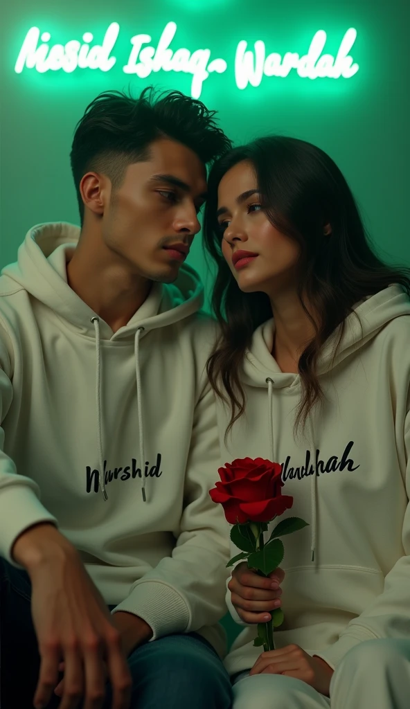 A 4k quality highly detailed Realistic portrait Handsome 28 year slim smart , guy White Hoodie with 30 year beautiful women in a White Hoodie, the girl has a red rose flower in her hand and is sitting on down floor, with romantic mode, no smile, written "Murshid" in the boy hoodie and "Wardah" in girl's hoodie, and Murshid ishaq Wardah is written on the green light glow wall with neon text text behind.