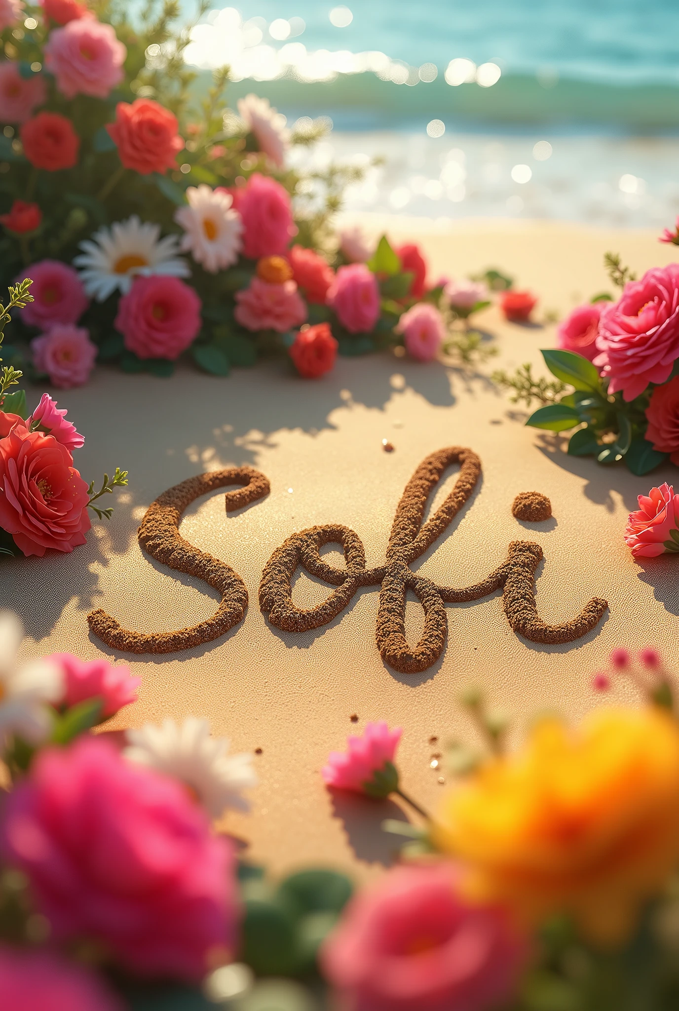 My name SOfi written on sand with lots of flowers, 8k high quilty