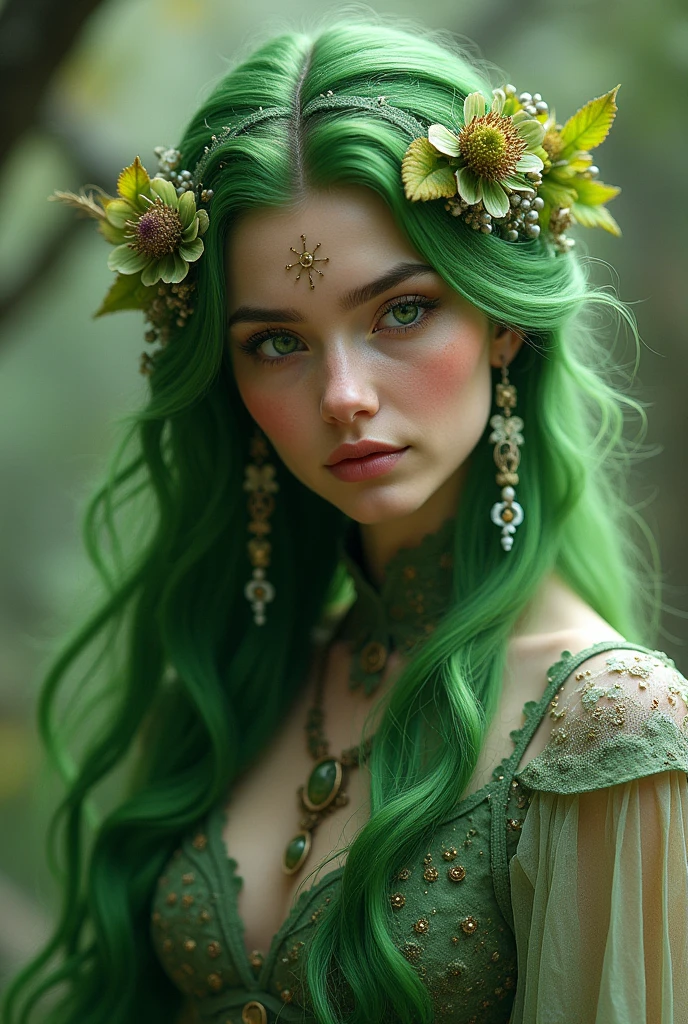 Appearance: Elysia has long, flowing green hair that resembles cascading vines, with leaves and flowers woven into it. Her eyes are a vibrant shade of emerald, reflecting the vitality of nature. Her attire is made of organic materials, a living garment that shifts with the seasons—lush and green in spring and summer, with warm, earthy tones in autumn and bare, skeletal branches in winter.