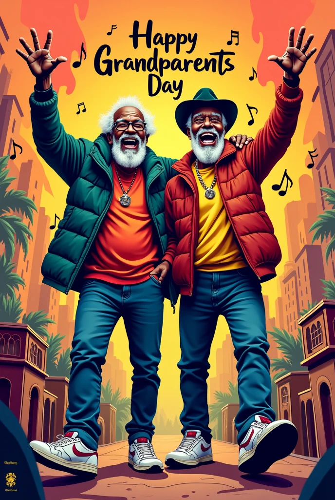 Hip hop grandparents couple with lyrics that say happy grandparents day and below that says fuga music