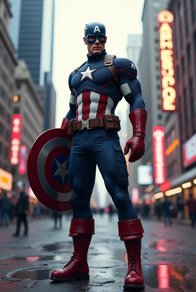 6D image of Captain America in the middle of the city with the mask on his face and shield in his hand