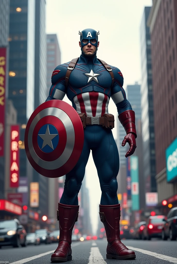 6D image of Captain America in the middle of the city with the mask on his face and shield in his hand