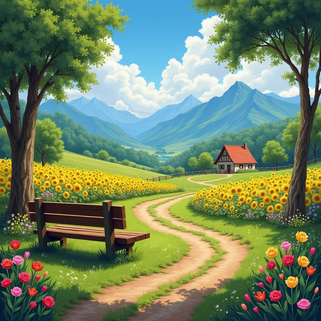 Painting of a Landscape with Mountains, Blue Sky, Green Lawn, dirt road with fences trees pond, a wooden bench and swing, pink ipê tree, sunflower field tulips, red roses and pinks colorful and white flowers simple little house in the background with area