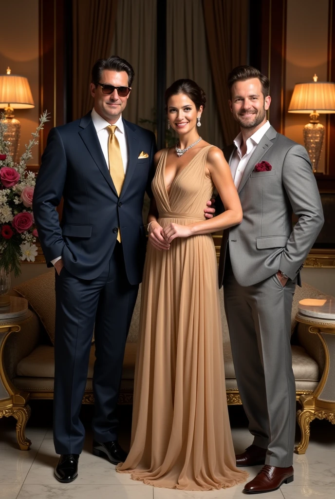 Photo Description da Família Mazzoni
Ambiente:

Location: The photograph is taken in an elegant hall of a mansion or in a luxurious setting with classic and sophisticated decor.. The background consists of walls with dark wood or marble panels., ornate frames, and large windows with silk curtains. There is refined furniture such as sofas with velvet upholstery, marble coffee tables and elegant floral arrangements in crystal vases.

Lighting: The lighting is soft and warm, provided by crystal lamps or chandeliers. The light highlights the details of the costumes and creates a welcoming and sophisticated atmosphere..

Photo Description:
Position dos Membros:

Centralization and Framing: The photograph is well composed, with all four family members centered and framed in a balanced way. They are positioned to create a harmonious visual line and are arranged so that each member is clearly visible..
- John Vicente Mazzoni (Ian Bohen):

Position: Giovanni is in the center, standing, with a confident and dignified posture.
Appearance: He wears a well-fitted navy blue suit, with a white shirt and a gold tie. The suit is complemented by a white pocket square with a gold detail.. He wears stylish sunglasses and a luxury watch. Your hair is neatly combed, and he displays a light, confident smile.
- Clara Williams Dubois Albuquerque Mazzoni (Bridget Regan):

Position: Clara is next to Giovanni, slightly leaning towards him, in a graceful and natural pose.
Appearance: She wears a long dress in gold or champagne tones., with subtle crystal details. The dress has a fluid and sophisticated design. Clara wears her hair tied up in a classic bun or loose in soft waves.. She wears diamond earrings and a delicate necklace.. His smile is warm and genuine.
- Thomas Mazzoni (Tom Welling):

Position: Thomas is next to Clara, standing, with a relaxed and friendly posture.
Appearance: He wears a light gray suit