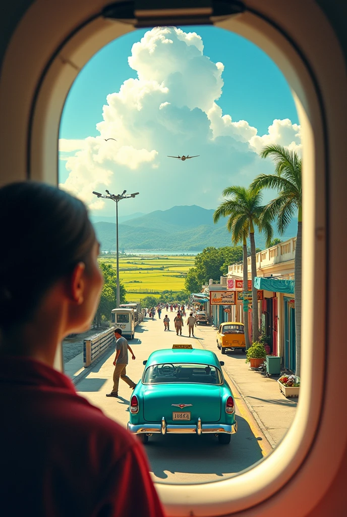 To create a series of images featuring all those scenes happening in Cuba, we will blend diverse settings with a unique Cuban twist:

1. **A Woman on a Plane Looking Out the Window at the Clouds over Cuba**: A woman is seated by the window of an airplane, looking out at the fluffy white clouds, with a glimpse of Cuba’s lush green fields and coastline below. The sunlight creates a warm glow over the landscape, and the iconic city of Havana is visible in the distance.

2. **A Man with a Suitcase Walking Through an Airport Terminal in Cuba**: Inside a Cuban airport terminal, a man walks through with a suitcase in hand. The terminal has a lively atmosphere, with posters of Cuban landmarks, tropical plants, and people dressed in light, summery clothing. Signs in Spanish hang from the ceiling, and there is a Cuban café in the background.

3. **A Taxi Picking Up Passengers at the Airport Entrance in Cuba**: At the entrance of José Martí International Airport in Havana, a classic 1950s-style American car, painted in bright colors, serves as a taxi picking up passengers. Cuban palm trees line the road, and people with suitcases are seen getting into the taxi. The terminal is bustling with travelers, and Cuban flags wave gently in the background.

4. **A Busy Street Market in Cuba**: A vibrant street market scene in Cuba with colorful stalls filled with fresh fruits, vegetables, spices, and handmade crafts. People are shopping, chatting, and bargaining in the lively market atmosphere. The buildings in the background are painted in pastel shades typical of Cuban architecture.

5. **A Serene Cuban Beach at Sunrise**: A peaceful beach scene at sunrise on a Cuban coast, with the soft light of dawn reflecting on the calm waters. Palm trees sway gently in the warm breeze, and a few fishing boats are anchored near the shore. Gentle waves create a soothing sound, and the sky is painted with hues of pink, orange, and purple.

6. **A Snowy Mountain Village in Cuba (Creative Twist)**: A