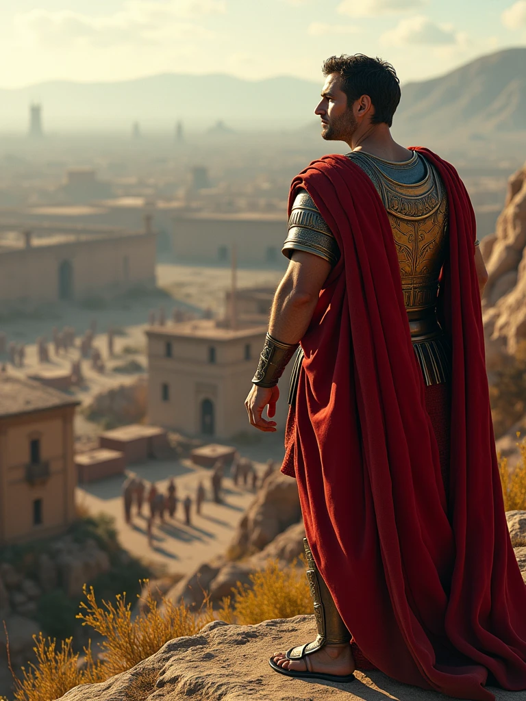 Julius Caesar, observing the siege of Alesia from a hilltop, with a calculating expression, ancient Roman era, in Roman general’s armor with a red cloak, on a fortified hilltop overlooking Alesia, Caesar watching as Roman soldiers build fortifications, the walls of Alesia and the surrounding battlefield are visible, panoramic shot, hyper-realistic, photo realism, cinematography -- ar 9:16