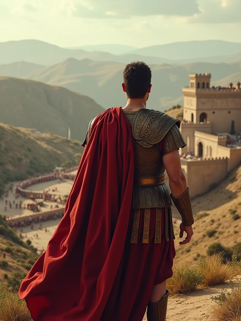 Julius Caesar, observing the siege of Alesia from a hilltop, with a calculating expression, ancient Roman era, in Roman general’s armor with a red cloak, on a fortified hilltop overlooking Alesia, Caesar watching as Roman soldiers build fortifications, the walls of Alesia and the surrounding battlefield are visible, panoramic shot, hyper-realistic, photo realism, cinematography -- ar 9:16