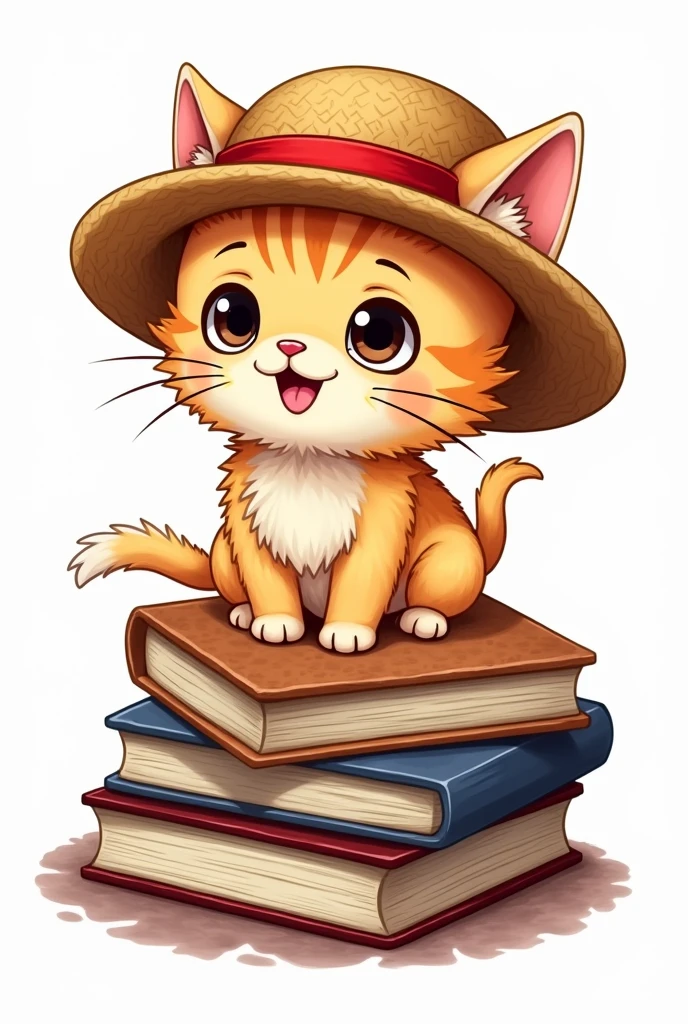 Logo of a kitten wearing a Luffy hat sitting on some books