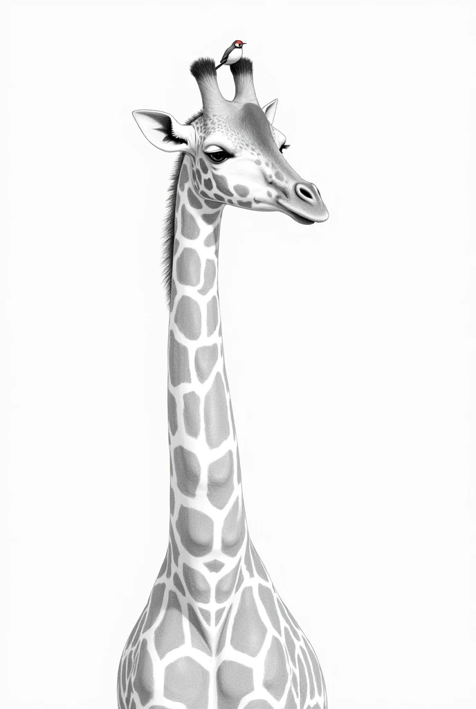 Pencil drawing of a giraffe with a little bird on its head
