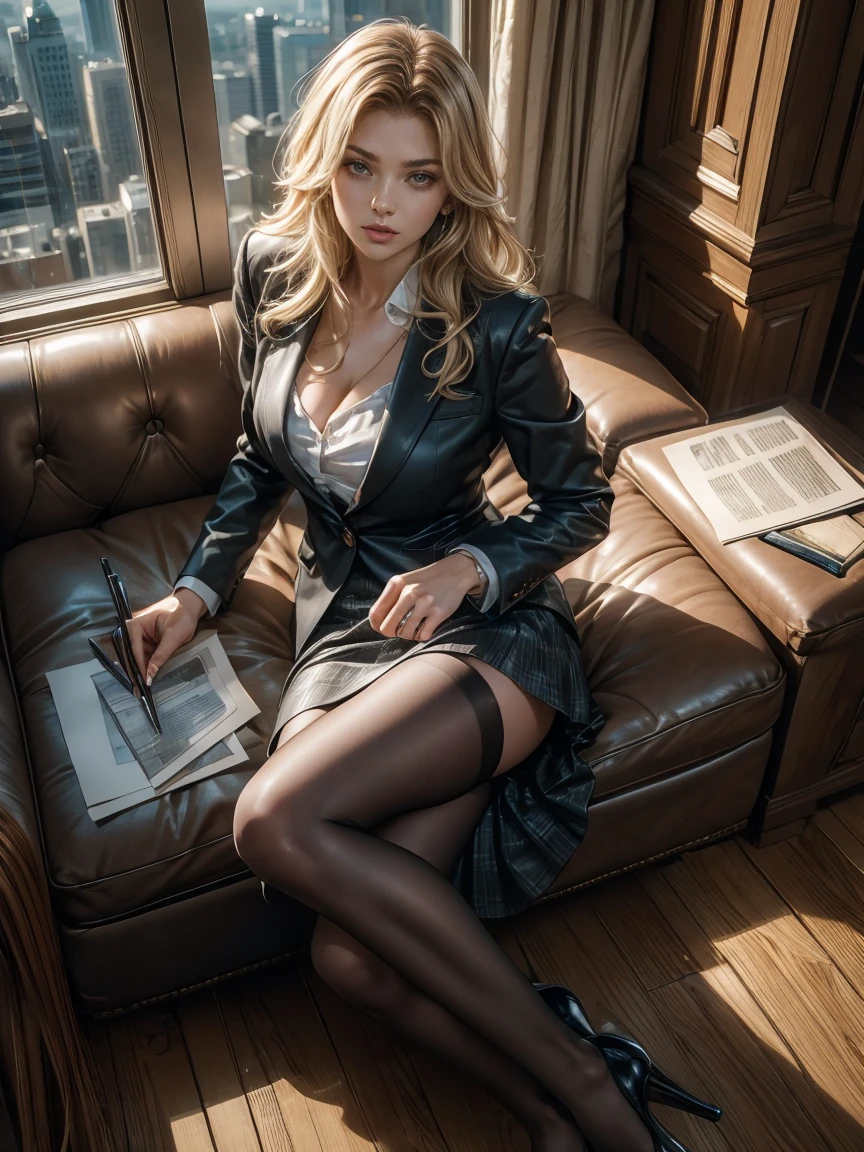 (Masterpiece, Professional lighting, 16k, 8k wallpaper, raw photo, photorealistic:1.8, ultra detailed, natural gentle lighting, detailed skin, detailed face, detailed eyes, textured skins, cinematic composition, detailed background:1.2 ), (A secretary inside parlor, full body, (from above)), BIBC, Rachel Cook:0.2, Bella Thorne:0.4, ultra detailed face, skinny body, white skin, blonde hair, luxury sofa, sitting down, business suit with tight skirt, panty under pantyhose, high heels, upturned eyes:0.9, looking at viewer, sexual suggestive, earrings, embarrassed, flaunted, updo, wavy hair:0.8, formal room, wide window, skyscrapers, pen, documents, Caucasian