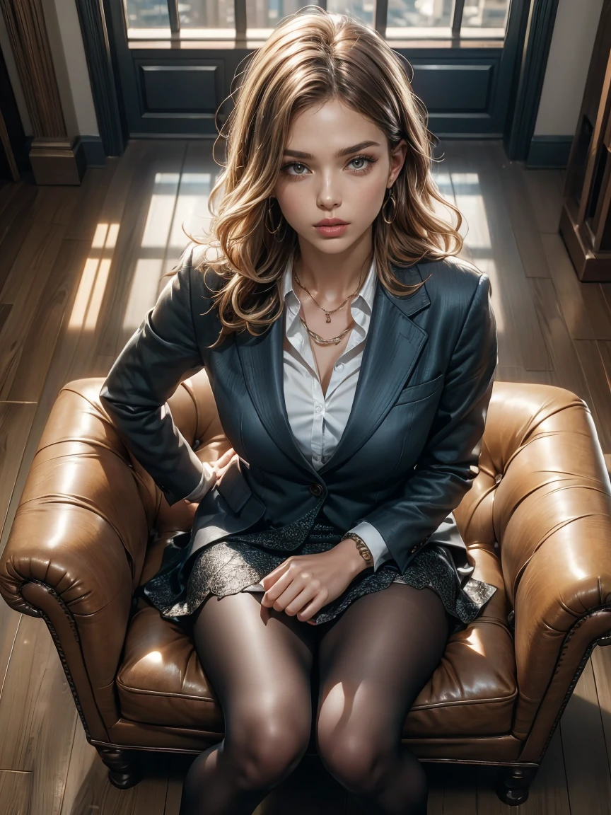 (Masterpiece, Professional lighting, 16k, 8k wallpaper, raw photo, photorealistic:1.8, ultra detailed, natural gentle lighting, detailed skin, detailed face, detailed eyes, textured skins, cinematic composition, detailed background:1.2 ), (A secretary inside parlor, full body, (from above)), BIBC, Rachel Cook:0.2, Bella Thorne:0.4, ultra detailed face, skinny body, white skin, blonde hair, luxury sofa, sitting down, business suit with tight skirt, panty under pantyhose, high heels, upturned eyes:0.9, looking at viewer, sexual suggestive, earrings, embarrassed, flaunted, updo, wavy hair:0.8, formal room, wide window, skyscrapers, pen, documents, Caucasian