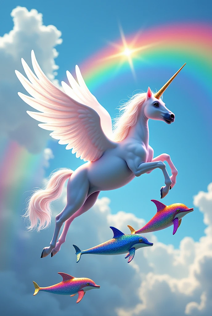 Flying unicorn with rainbow and dolphins with many colors, more colors and flying dolphins plus unicorns 
