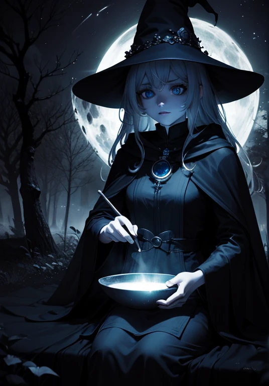 Create an image of a witch performing magic in a moonlit forest clearing. The witch wears a flowing cloak and her eyes glow intensely. Symbols of power form in the air around her as she casts spells. A cauldron emits mist over a fire. The scene evokes both wonder and unease, with deep colours and stark contrasts. Capture the witch's focus and the mystical atmosphere in this captivating image