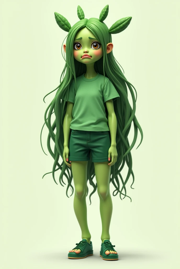 Generates a catuctus version person and woman and with a green shirt and short green shorts and long green hair and a fake smile to hide her sadness with a green shirt and green shoes