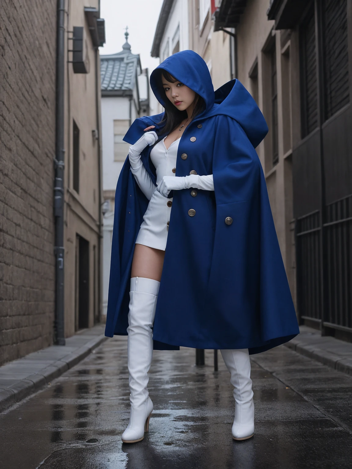 South korea walk women mystery hooded on with modern royal Blue coat with long and wide sleeves with buttons and royal Blue cape and very high white heel over the knee and white gloves, As she reveals a small secret hidden blade coming from his wrist , adding to the characters mysterious, with small movements of air on the cape, in summer at night under the rain, with buildings featuring curved eaves and detailed architecture. sophisticated and highly detailed, ultra hd, realistic, hyper detailed, enhanced colours, ultra sharp focus, with vibrant, rich in details High quality, gorgeous, captivating, 8k, super detailed, stunning shadows, detailed lines, blood stain on coat and gloves and walls, corpses in the street recently murdered