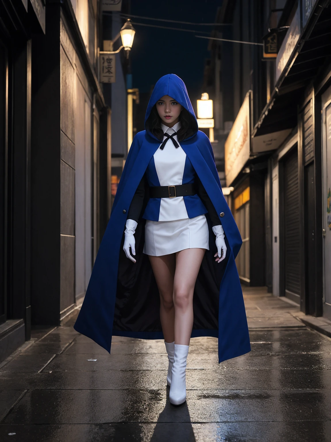 South korea walk women mystery hooded on with modern royal Blue coat with long and wide sleeves with buttons and royal Blue cape and very high white heel over the knee and white gloves, As she reveals a small secret hidden blade coming from his wrist , adding to the characters mysterious, with small movements of air on the cape, in summer at night under the rain, with buildings featuring curved eaves and detailed architecture. sophisticated and highly detailed, ultra hd, realistic, hyper detailed, enhanced colours, ultra sharp focus, with vibrant, rich in details High quality, gorgeous, captivating, 8k, super detailed, stunning shadows, detailed lines, blood stain on coat and gloves and walls, corpses in the street recently murdered