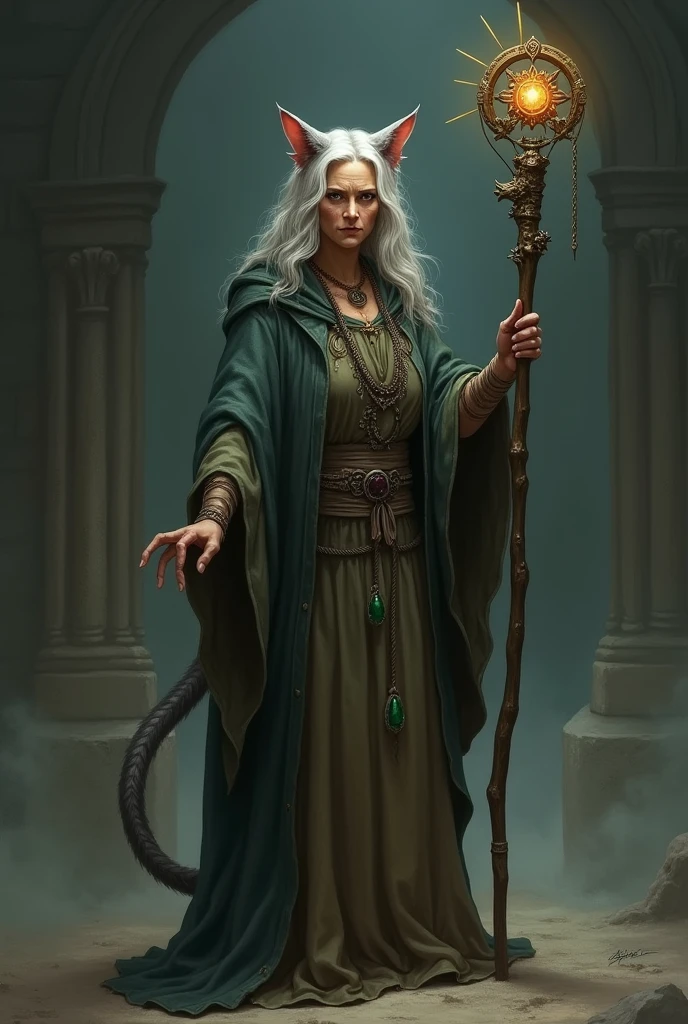 An elderly woman with cat ears and a cat tail, staff in hand, in old clothes, Art,
