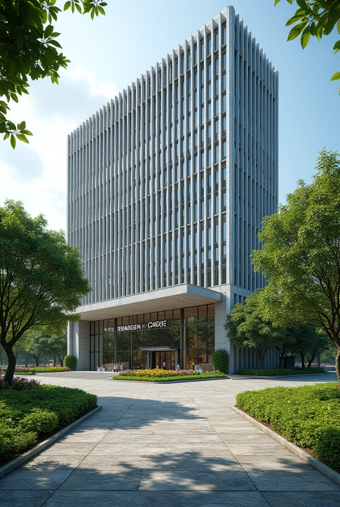 Create a very big headquarters with Singaporean architecture.The words FINANCE DOCKET exposed the compound has a driveway grass and flowers neatly organized no trees I can't see the words Finance Docket on the concrete