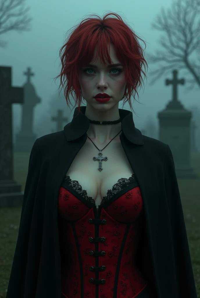 Beautiful 20 year old woman, large , with short messy wavy red hair, wearing a red corset with black accents and black cloak, standing in a foggy cemetery at night, (red lipstick:1.5), realistic skin texture, (cross necklace:1.2), (looking at camera:1.3), (Rustic radiance and Gothic Art:1.4), photo realistic, 8k