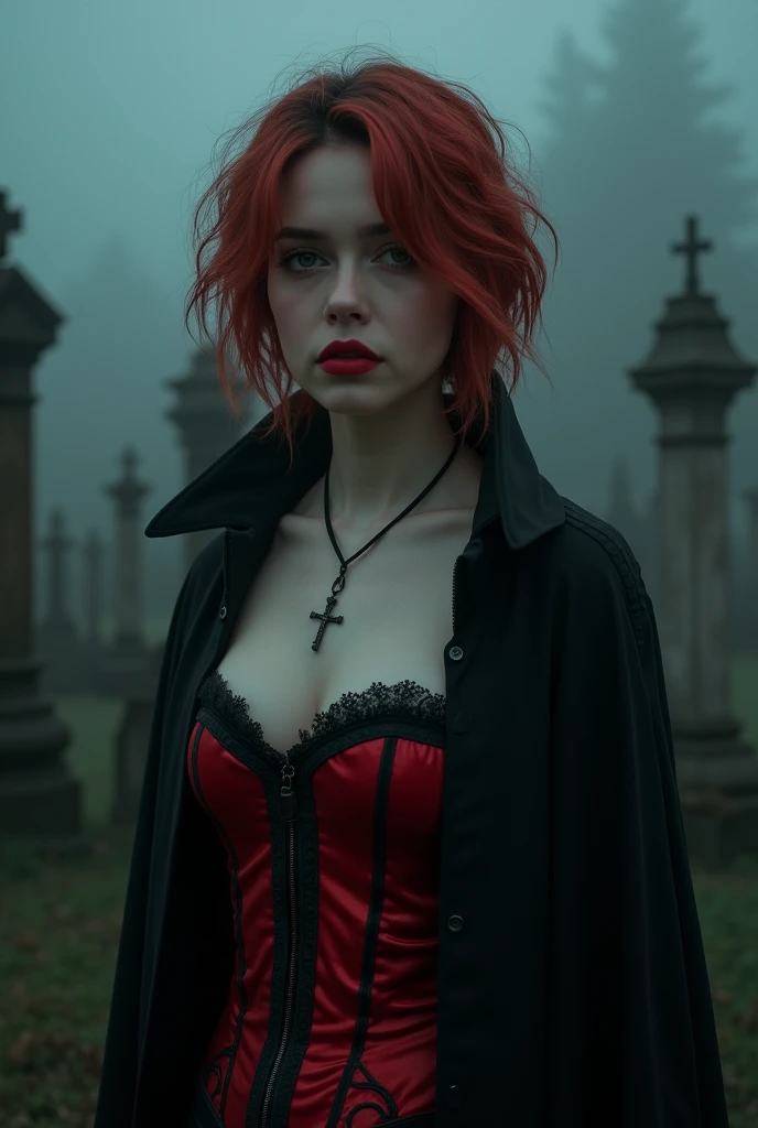 Beautiful 20 year old woman, large , with short messy wavy red hair, wearing a red corset with black accents and black cloak, standing in a foggy cemetery at night, (red lipstick:1.5), realistic skin texture, (cross necklace:1.2), (looking at camera:1.3), (Rustic radiance and Gothic Art:1.4), photo realistic, 8k