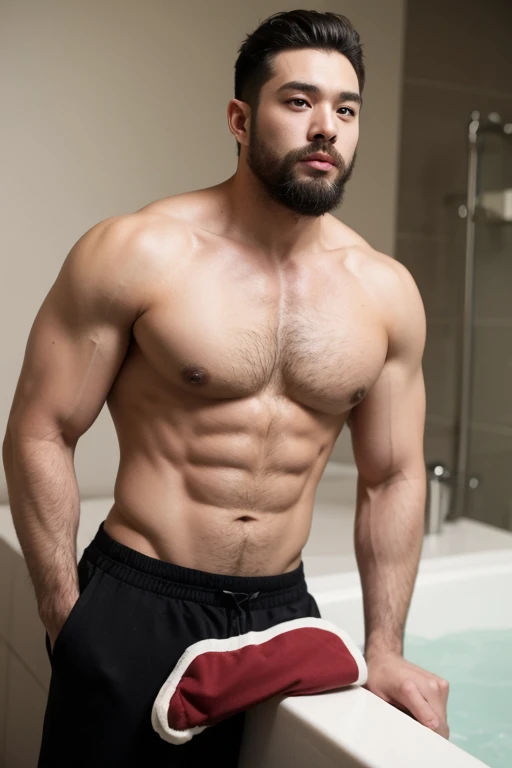 ((best quality)), ((masterpiece)), (detailed), perfect big detailed hairy plump muscle man in bath , beard, dark skin color, skinhead, Japanese men, In black boxer and short hair, full body